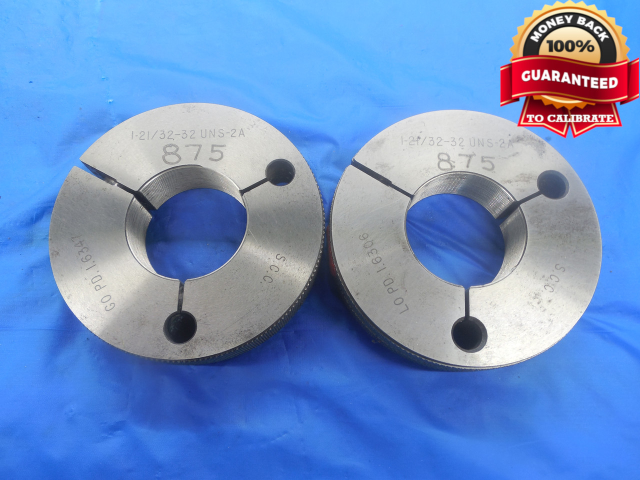 1 21/32 32 UNS 2A THREAD RING GAGES 1.65625 GO NO GO P.D.'S = 1.6347 & 1.6306 - DW3103BU